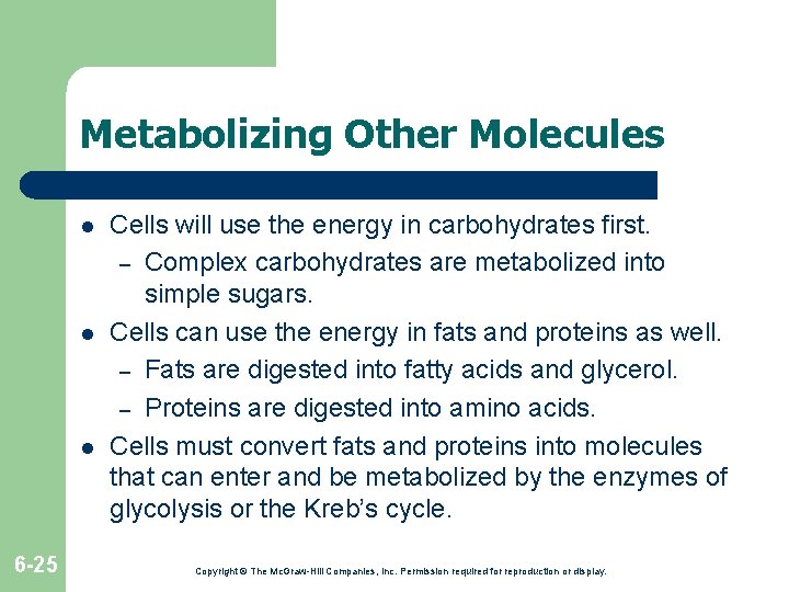 Metabolizing Other Molecules l l l 6 -25 Cells will use the energy in Metabolizing Other Molecules l l l 6 -25 Cells will use the energy in