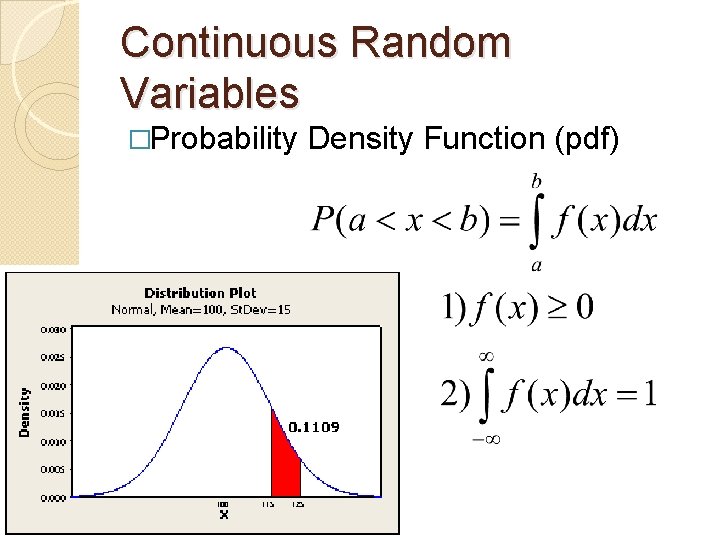 Continuous Random Variables �Probability Density Function (pdf) 