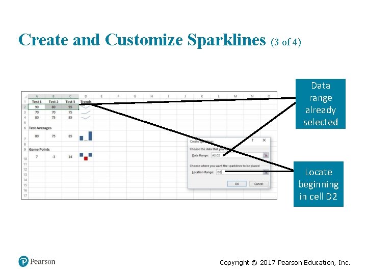 Create and Customize Sparklines (3 of 4) Data range already selected Locate beginning in