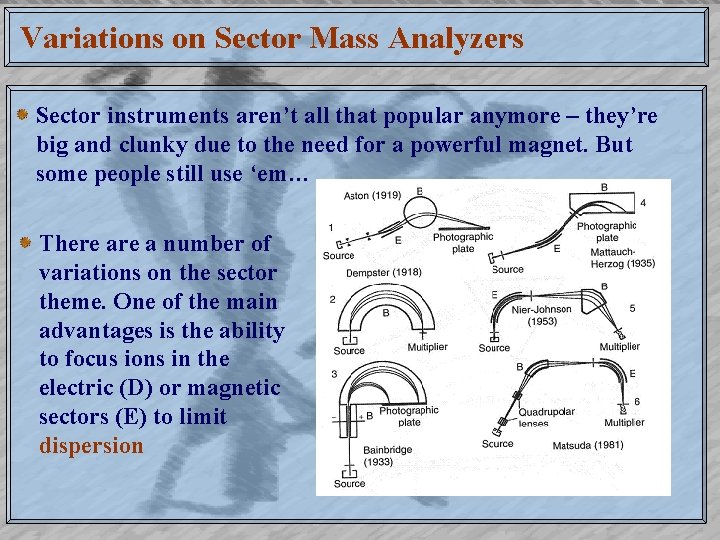 Variations on Sector Mass Analyzers Sector instruments aren’t all that popular anymore – they’re