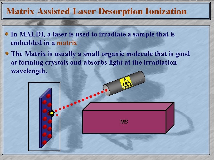 Matrix Assisted Laser Desorption Ionization In MALDI, a laser is used to irradiate a