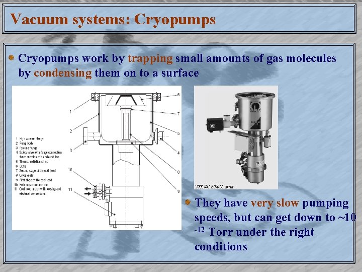 Vacuum systems: Cryopumps work by trapping small amounts of gas molecules by condensing them