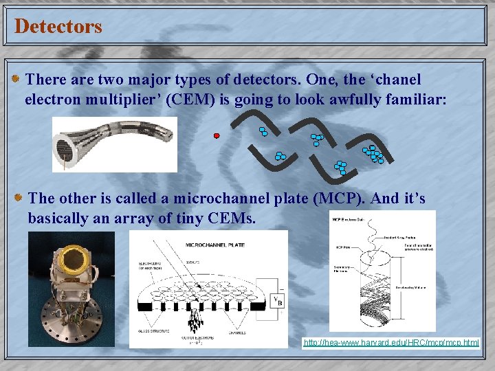 Detectors There are two major types of detectors. One, the ‘chanel electron multiplier’ (CEM) Detectors There are two major types of detectors. One, the ‘chanel electron multiplier’ (CEM)