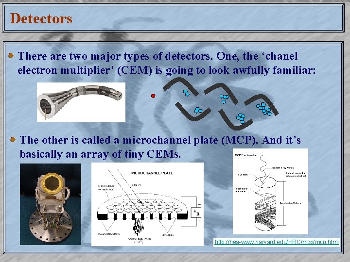 Detectors There are two major types of detectors. One, the ‘chanel electron multiplier’ (CEM)