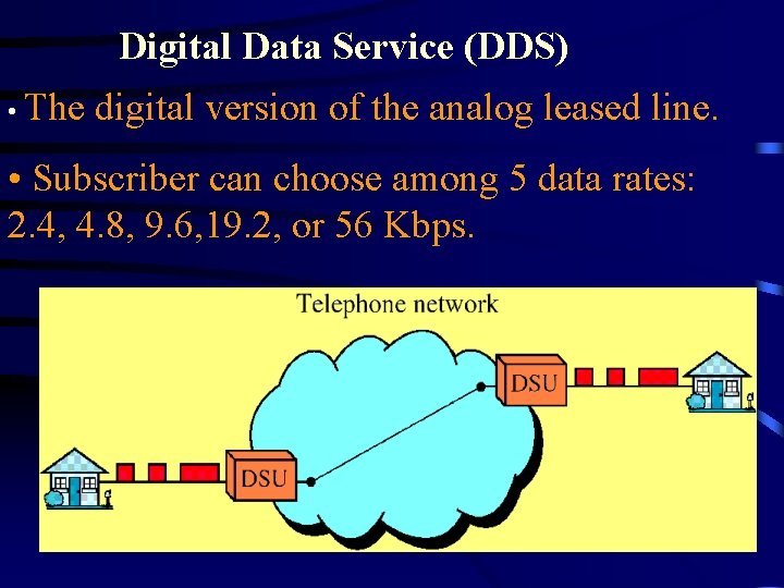Digital Data Service (DDS) • The digital version of the analog leased line. •