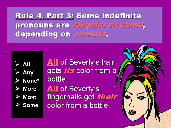 Rule 4, Part 3: Some indefinite pronouns are singular or plural, depending on context. Rule 4, Part 3: Some indefinite pronouns are singular or plural, depending on context.