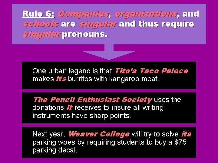 Rule 6: Companies, organizations, and schools are singular and thus require singular pronouns. One Rule 6: Companies, organizations, and schools are singular and thus require singular pronouns. One