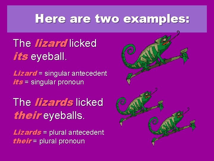 Here are two examples: The lizard licked its eyeball. Lizard = singular antecedent its Here are two examples: The lizard licked its eyeball. Lizard = singular antecedent its