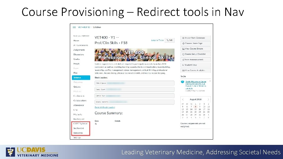 Course Provisioning – Redirect tools in Nav Leading Veterinary Medicine, Addressing Societal Needs 