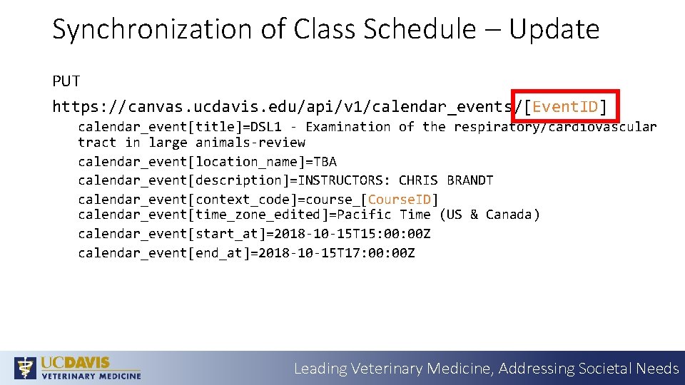 Synchronization of Class Schedule – Update PUT https: //canvas. ucdavis. edu/api/v 1/calendar_events/[Event. ID] calendar_event[title]=DSL