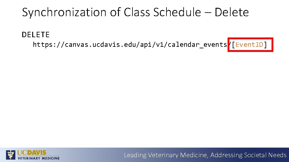 Synchronization of Class Schedule – Delete DELETE https: //canvas. ucdavis. edu/api/v 1/calendar_events/[Event. ID] Leading