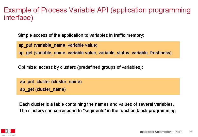 Example of Process Variable API (application programming interface) Simple access of the application to