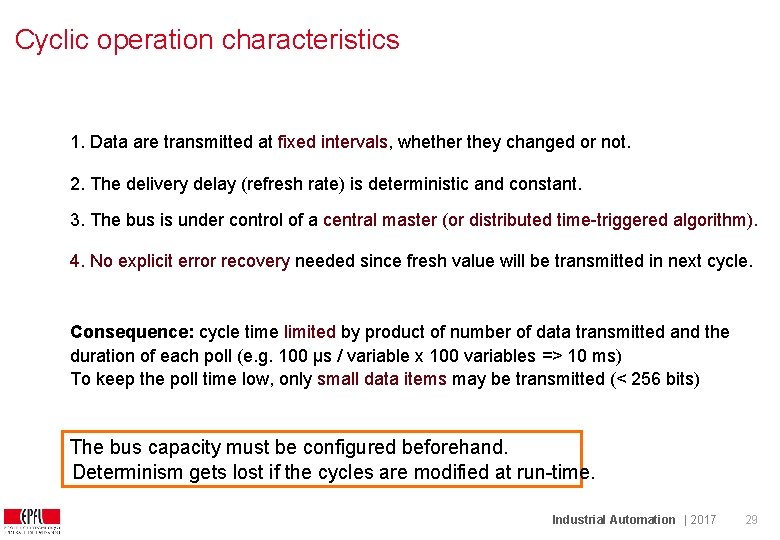 Cyclic operation characteristics 1. Data are transmitted at fixed intervals, whether they changed or