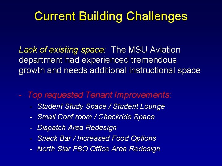 Current Building Challenges Lack of existing space: The MSU Aviation department had experienced tremendous