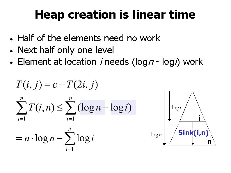 Heap creation is linear time • • • Half of the elements need no