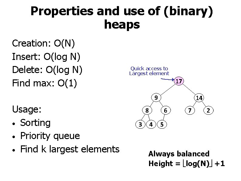 Properties and use of (binary) heaps Creation: O(N) Insert: O(log N) Delete: O(log N)
