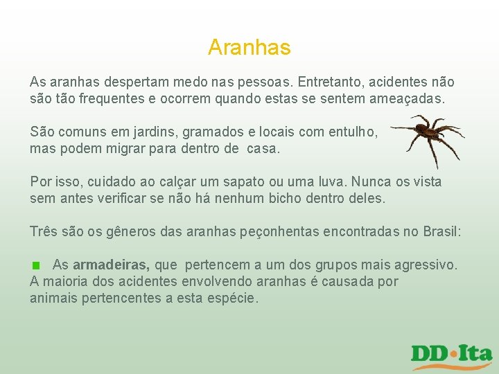 Aranhas As aranhas despertam medo nas pessoas. Entretanto, acidentes não são tão frequentes e Aranhas As aranhas despertam medo nas pessoas. Entretanto, acidentes não são tão frequentes e