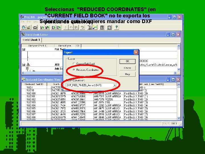 Seleccionas "REDUCED COORDINATES" (en "CURRENT FIELD BOOK" no te exporta los Seleccionas que lo