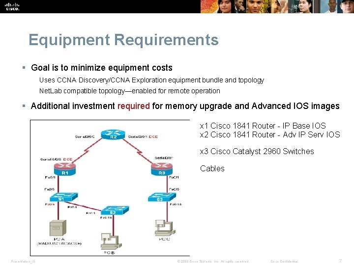 Equipment Requirements § Goal is to minimize equipment costs Uses CCNA Discovery/CCNA Exploration equipment