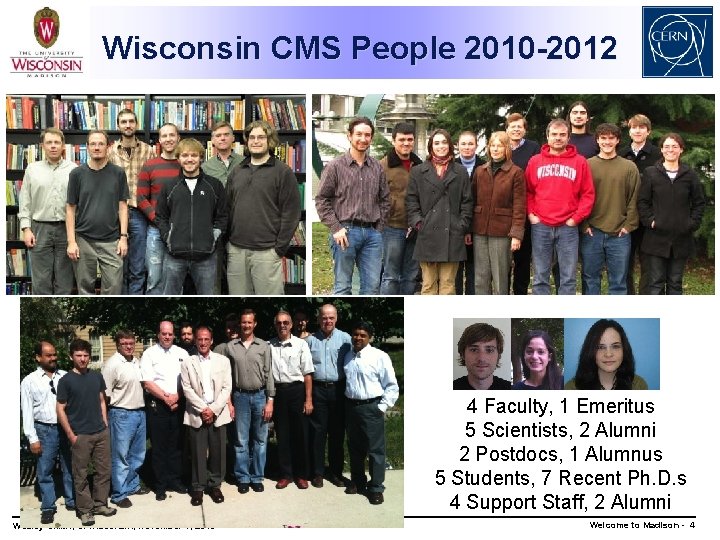 Wisconsin CMS People 2010 -2012 4 Faculty, 1 Emeritus 5 Scientists, 2 Alumni 2