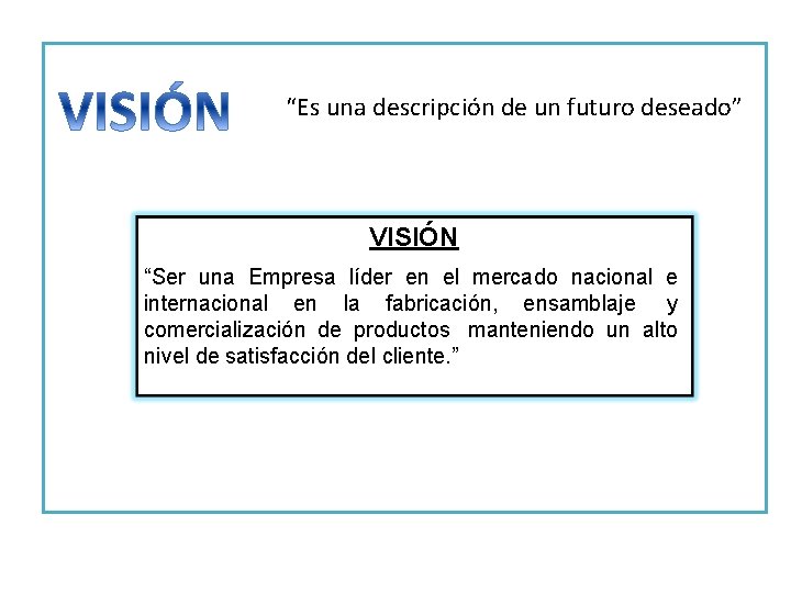 “Es una descripción de un futuro deseado” VISIÓN “Ser una Empresa líder en el