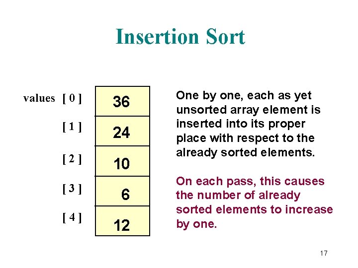 Insertion Sort values [ 0 ] 36 [1] 24 [2] 10 [3] [4] 6