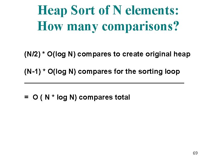 Heap Sort of N elements: How many comparisons? (N/2) * O(log N) compares to