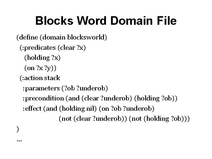 Blocks Word Domain File (define (domain blocksworld) (: predicates (clear ? x) (holding ?