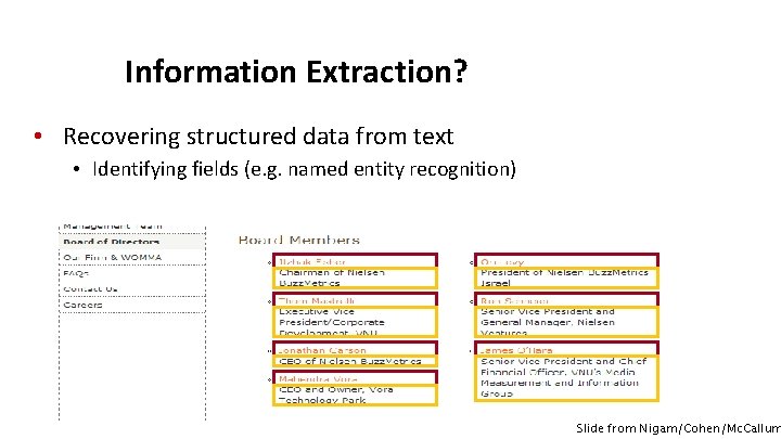 Information Extraction? • Recovering structured data from text • Identifying fields (e. g. named