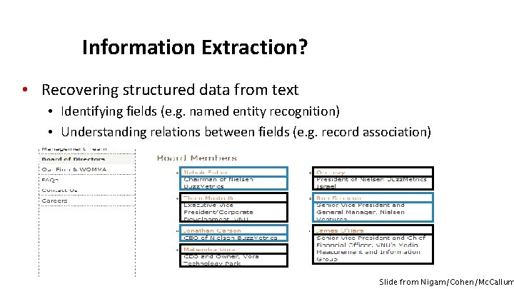 Information Extraction? • Recovering structured data from text • Identifying fields (e. g. named