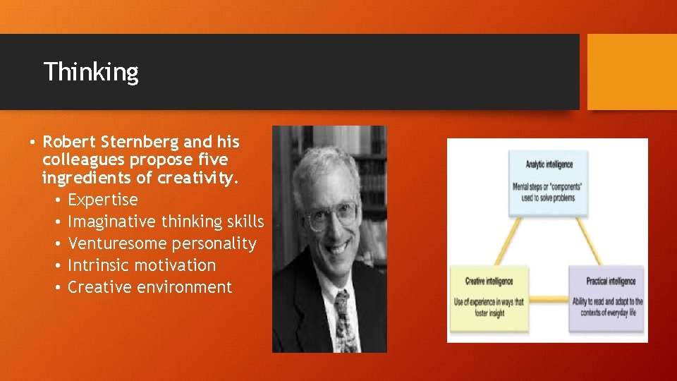 Thinking • Robert Sternberg and his colleagues propose five ingredients of creativity. • Expertise