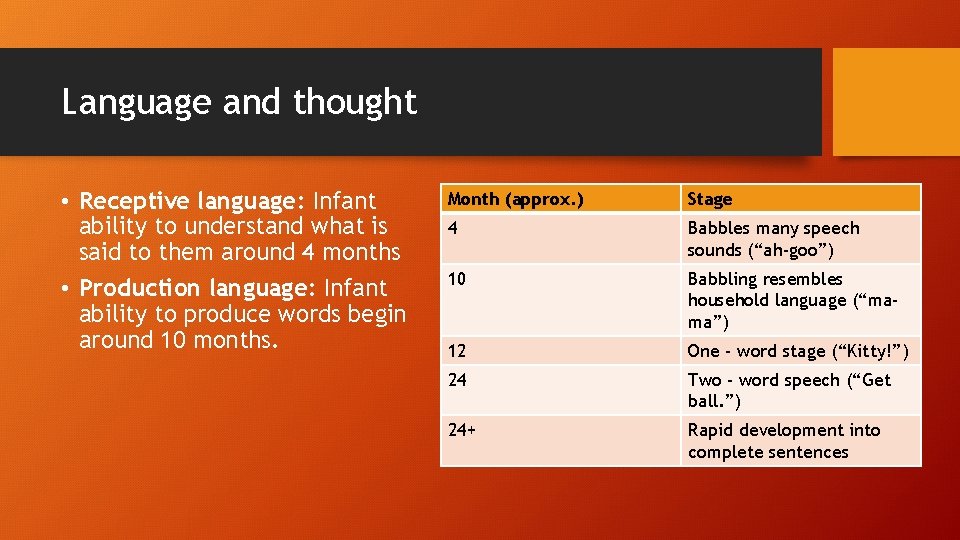 Language and thought • Receptive language: Infant ability to understand what is said to