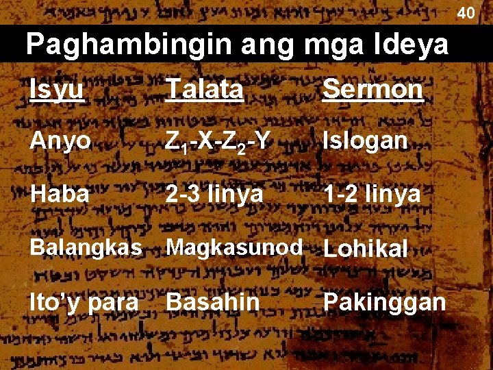 40 Paghambingin ang mga Ideya Isyu Talata Sermon Anyo Z 1 -X-Z 2 -Y