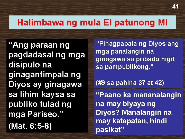 41 Halimbawa ng mula EI patunong MI “Ang paraan ng pagdadasal ng mga disipulo