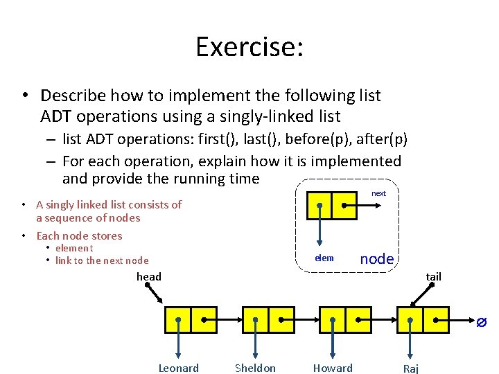 Exercise: • Describe how to implement the following list ADT operations using a singly-linked