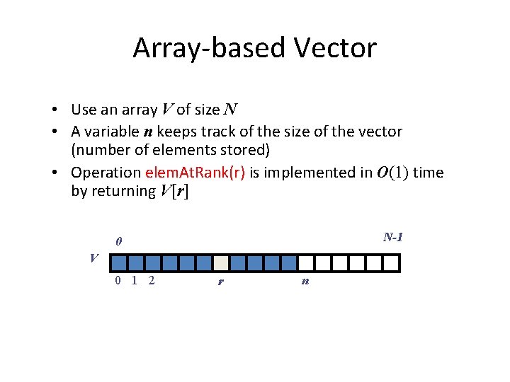 Array-based Vector • Use an array V of size N • A variable n
