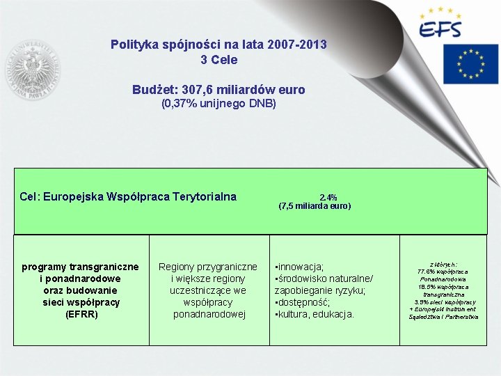 Polityka spójności na lata 2007 -2013 3 Cele Budżet: 307, 6 miliardów euro (0,