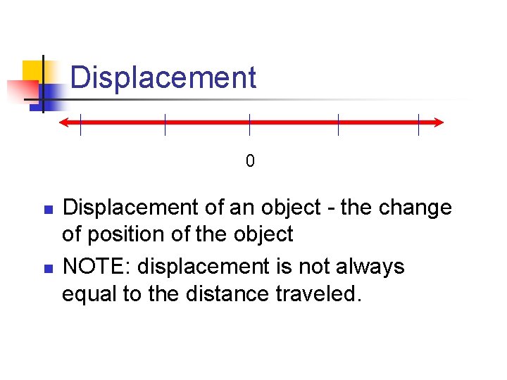 Displacement 0 n n Displacement of an object - the change of position of