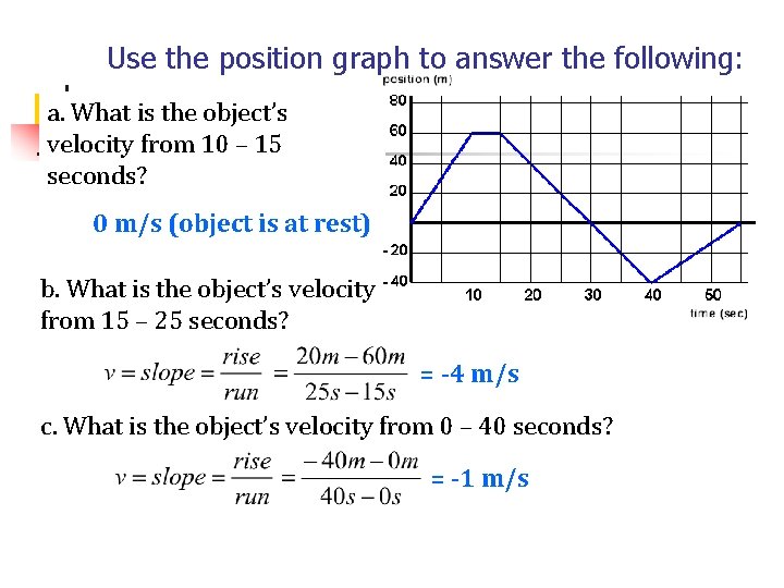 Use the position graph to answer the following: a. What is the object’s velocity