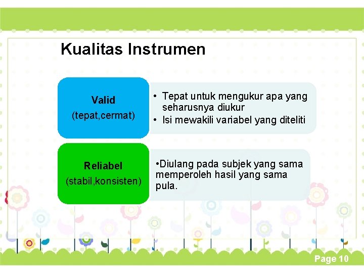 Kualitas Instrumen Valid (tepat, cermat) • Tepat untuk mengukur apa yang seharusnya diukur •