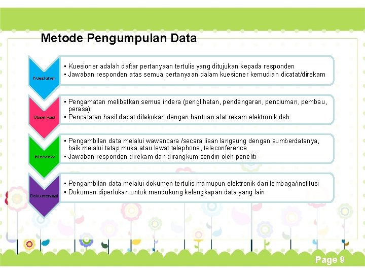 Metode Pengumpulan Data Kuesioner • Kuesioner adalah daftar pertanyaan tertulis yang ditujukan kepada responden