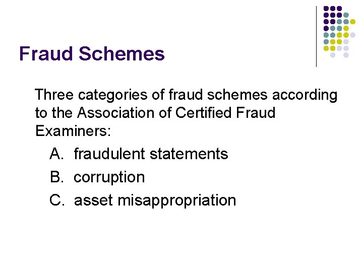 Fraud Schemes Three categories of fraud schemes according to the Association of Certified Fraud