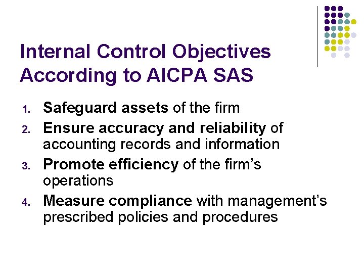 Internal Control Objectives According to AICPA SAS 1. 2. 3. 4. Safeguard assets of