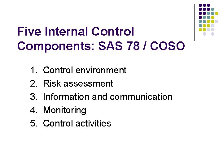 Five Internal Control Components: SAS 78 / COSO 1. 2. 3. 4. 5. Control
