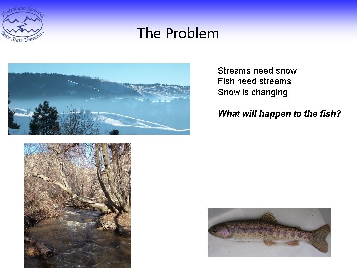 The Problem Streams need snow Fish need streams Snow is changing What will happen