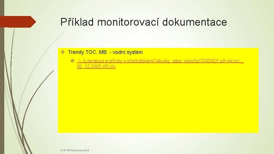 Příklad monitorovací dokumentace Trendy TOC, MB - vodní systém . . Literatura a přílohy