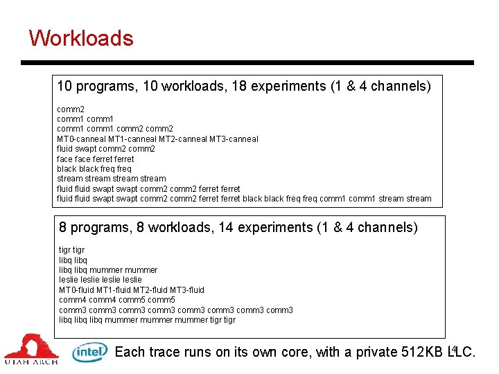 Workloads 10 programs, 10 workloads, 18 experiments (1 & 4 channels) comm 2 comm