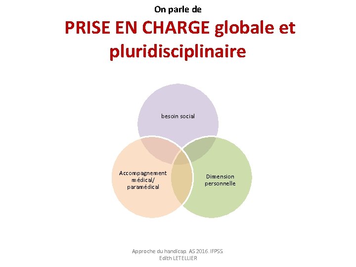On parle de PRISE EN CHARGE globale et pluridisciplinaire besoin social Accompagnement médical/ paramédical On parle de PRISE EN CHARGE globale et pluridisciplinaire besoin social Accompagnement médical/ paramédical