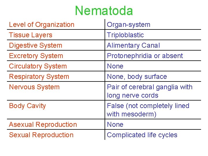 Nematoda Level of Organization Organ-system Tissue Layers Triploblastic Digestive System Alimentary Canal Excretory System