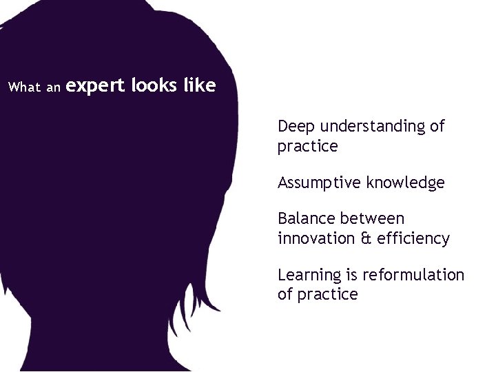 What an expert looks like Deep understanding of practice Assumptive knowledge Balance between innovation